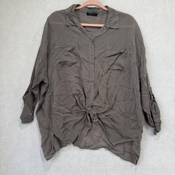 Maven West Shirt Womens Medium Gray Button Front Tie Front Roll Sleeves Pockets - Picture 1 of 9